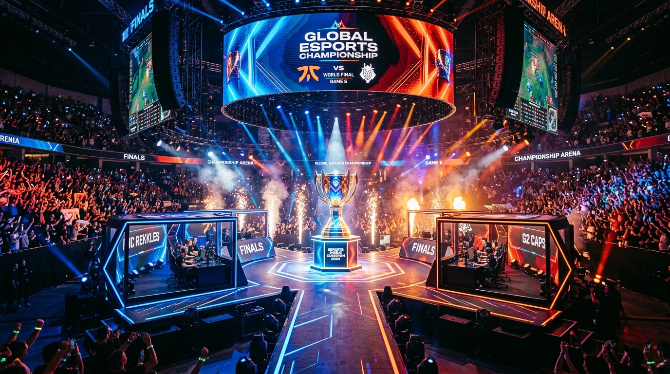 Download Esports Arena Trophy On Stage Wallpaper | Gaming · Mobile HD Ultra HD wallpaper — 1376×768