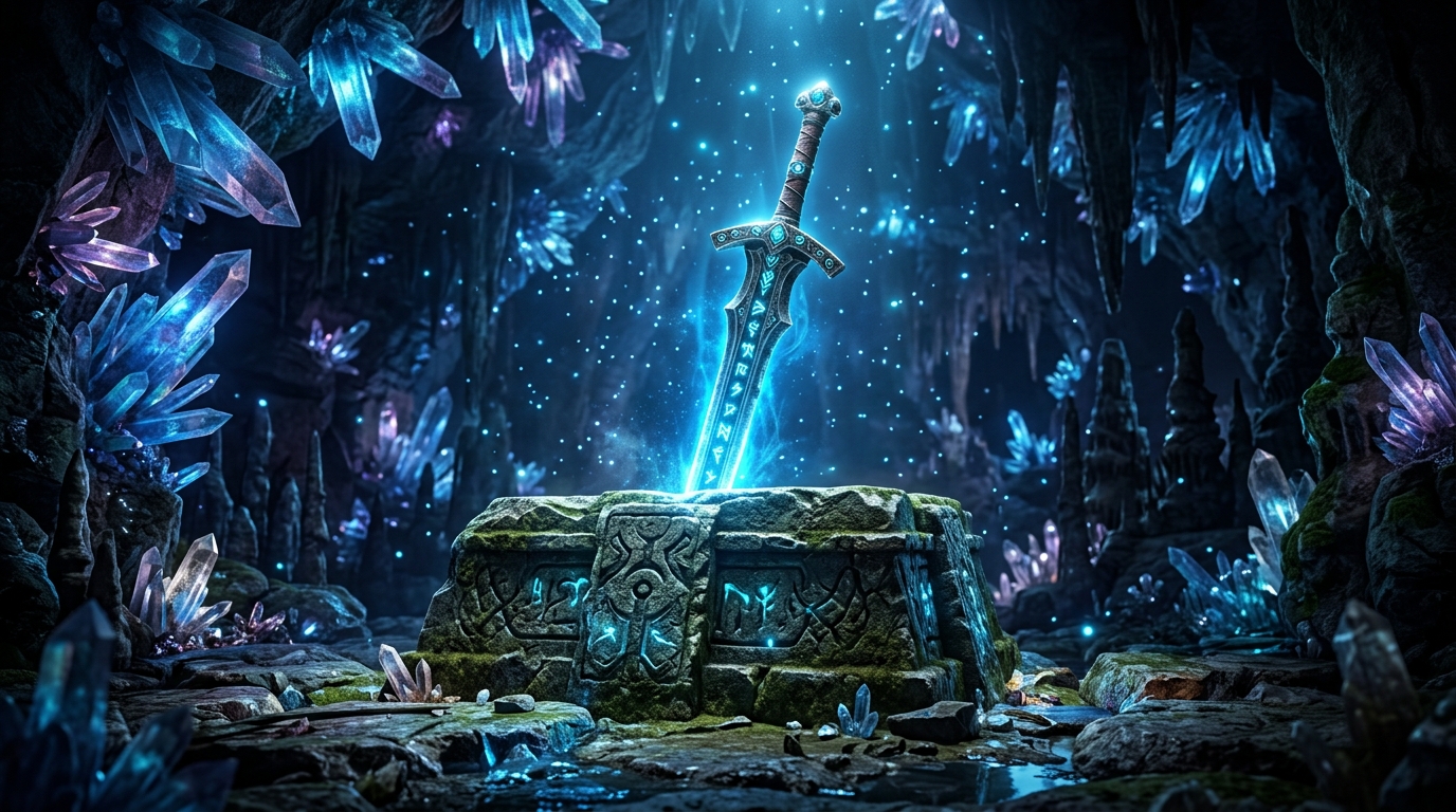 Glowing Sword In Stone Altar Background — Gaming Mobile HD Wallpaper wallpaper — 1376×768