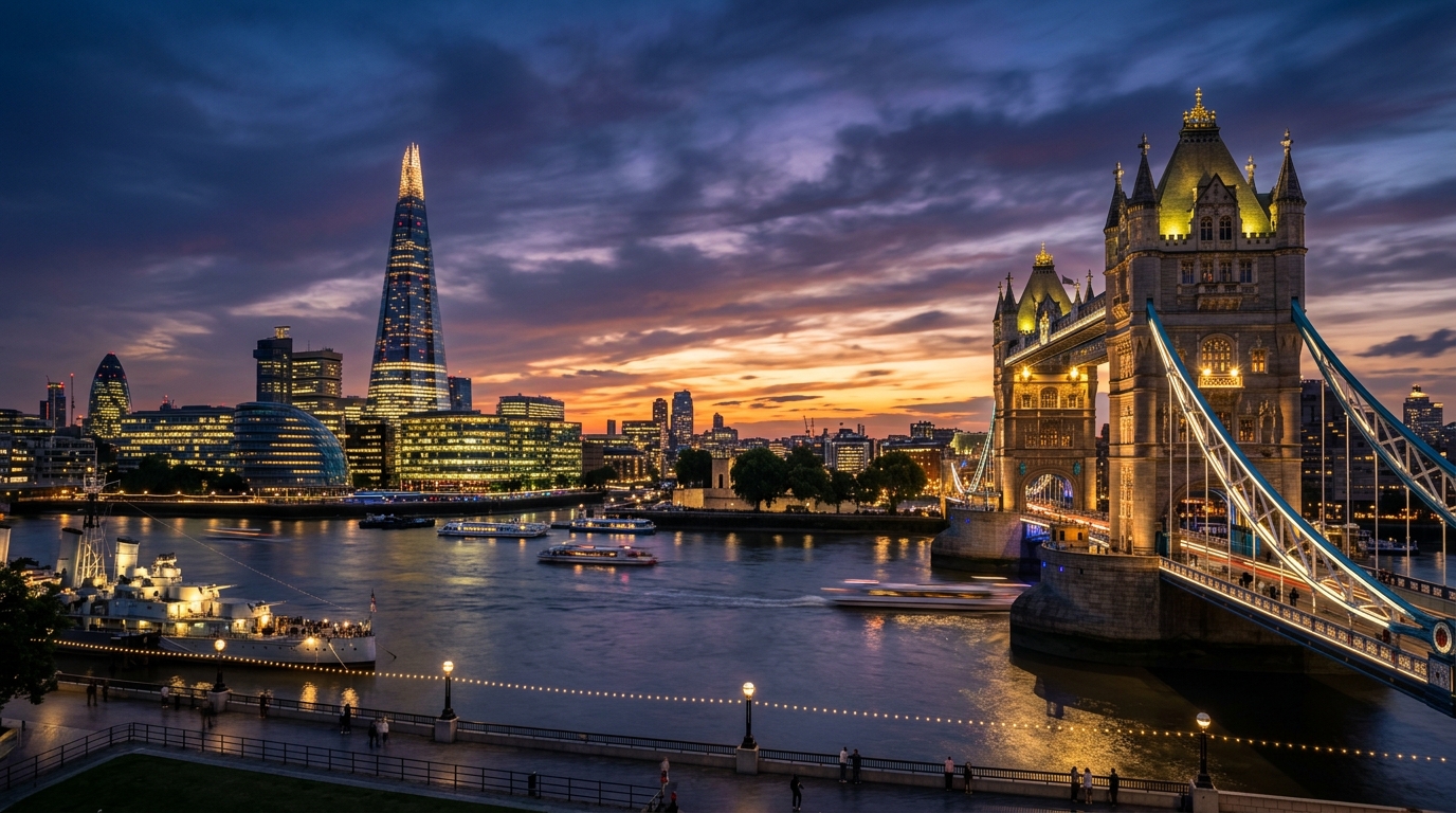 Download London Skyline At Dusk Wallpaper | City · Mobile HD Ultra HD wallpaper — 1376×768