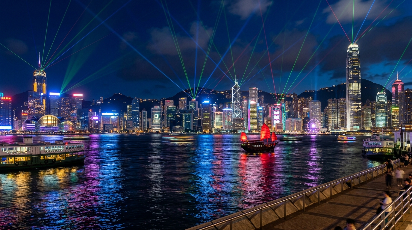 Free Mobile HD Victoria Harbour Skyline At Night Wallpaper for Desktop, Mobile & Tablet wallpaper — 1376×768