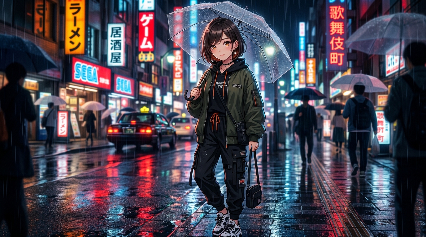 Stunning Anime Girl On Rainy Street Wallpaper (Anime) — Mobile HD Free Background wallpaper — 1376×768