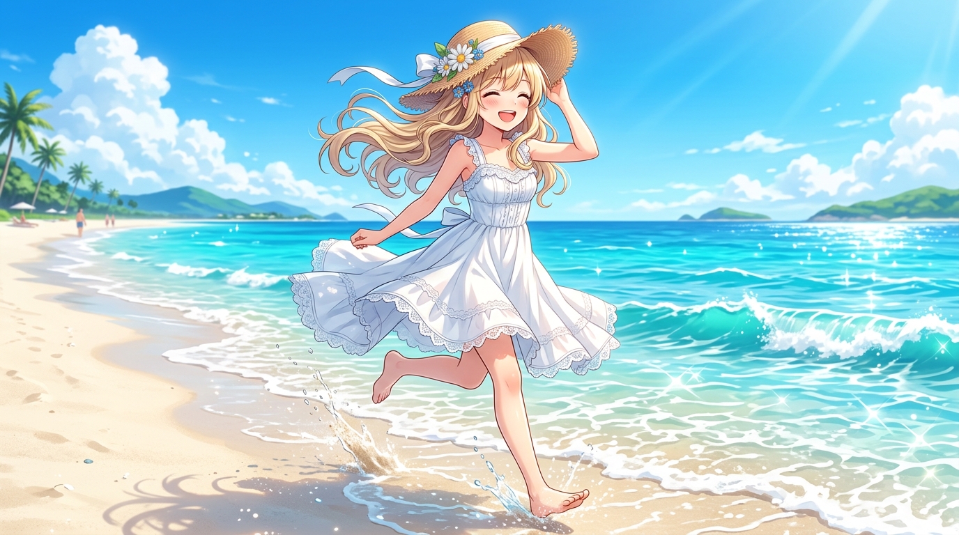 Free Mobile HD Anime Girl Running On Beach Wallpaper for Desktop, Mobile & Tablet wallpaper — 1376×768