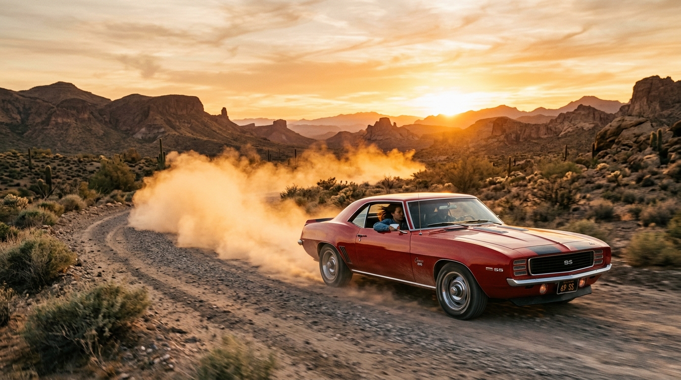 Stunning Classic Muscle Car Driving Desert  Wallpaper (Cars) — Mobile HD Free Background wallpaper — 1376×768