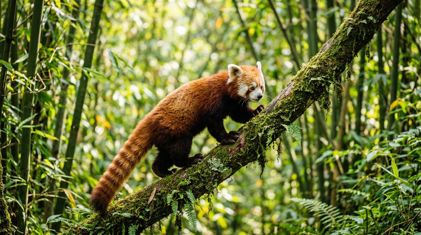 Free Mobile HD Red Panda Climbing Tree Branch Wallpaper for Desktop, Mobile & Tablet wallpaper — 1376×768