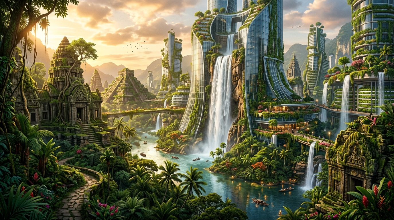 Overgrown Jungle City Ruins Background — City Mobile HD Wallpaper wallpaper — 1376×768