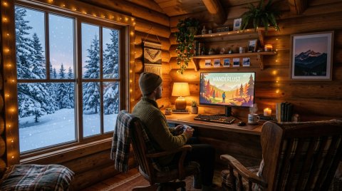 Mobile HD Cozy Gaming Nook With Monitor Gaming Wallpaper — Desktop & Phone Background wallpaper