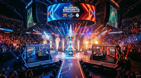 Download Esports Arena Trophy On Stage Wallpaper | Gaming · Mobile HD Ultra HD wallpaper