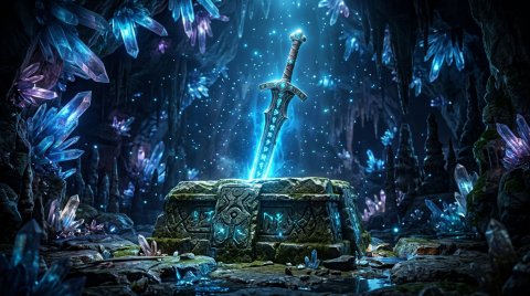 Glowing Sword In Stone Altar Background — Gaming Mobile HD Wallpaper wallpaper