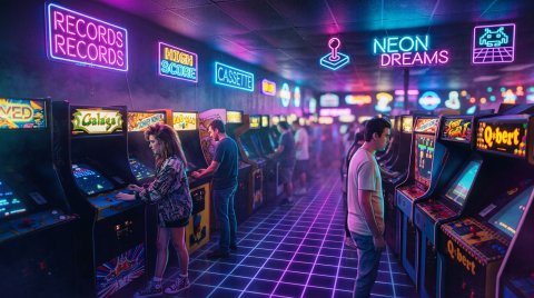 Mobile HD Retro Arcade Interior Glowing Sc Gaming Wallpaper — Desktop & Phone Background wallpaper
