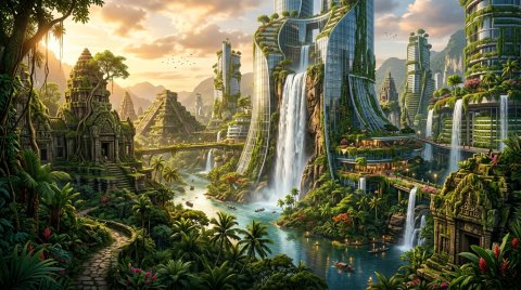 Overgrown Jungle City Ruins Background — City Mobile HD Wallpaper wallpaper