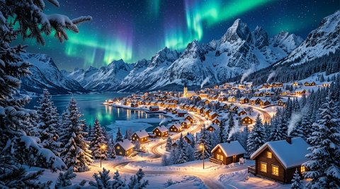 Free Mobile HD Snowy Mountain City With Lights Wallpaper for Desktop, Mobile & Tablet wallpaper